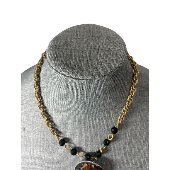 Vintage Red Carved Rose Brooch Pin Gold Tone Textured Pendant Necklace Mexico - Picture 7 of 7